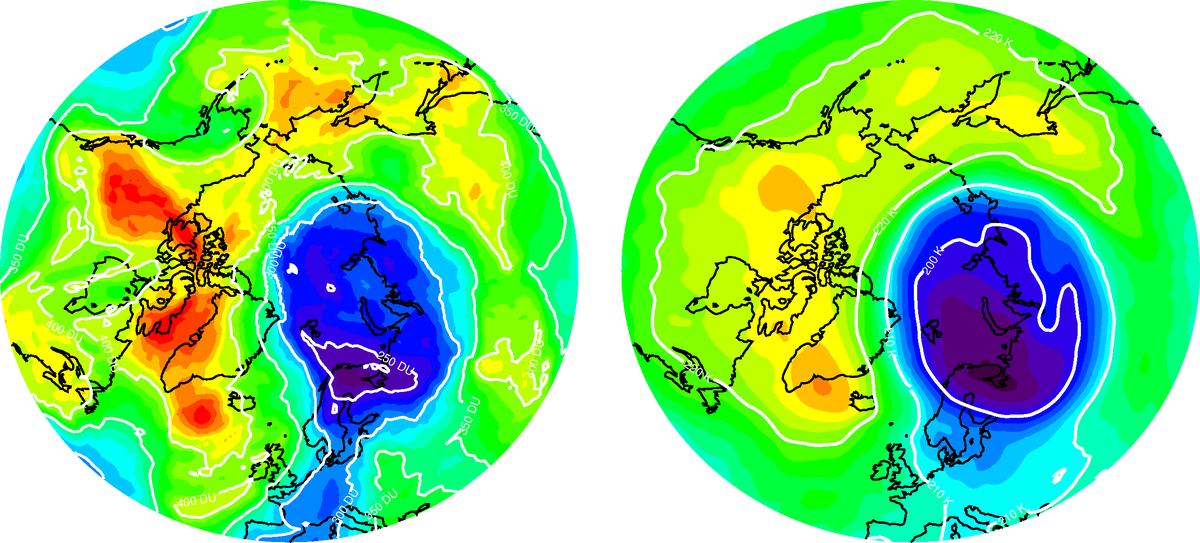 Darstellung Ozonverlust im kalten Polarwirbel über der Arktis am 2. April 2011
