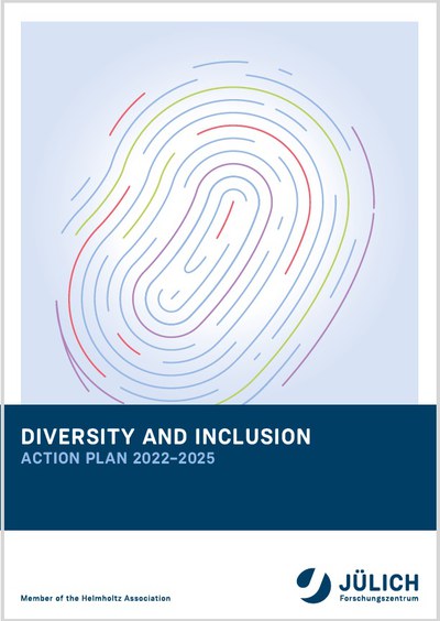 Bild der Titelseite des D&I-Aktionsplans 2022-2025. Auf dem Umschlag des Dokuments befindet sich ein Fingerabdruck mit Linien in verschiedenen Farben, die für Diversity und Inclusion stehen
