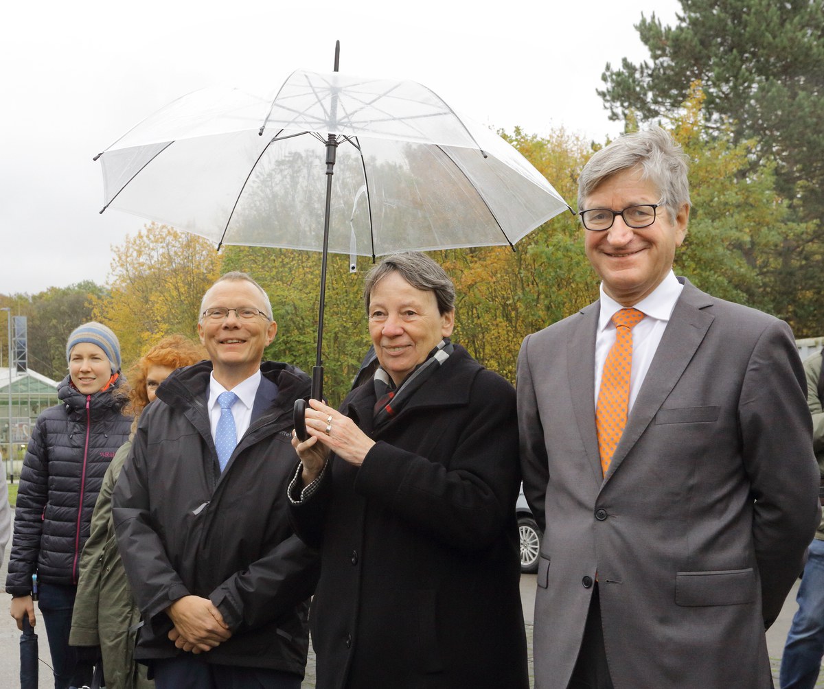 Gruppenbild mit Schirm: Ministerin Hendricks, Prof. Harald Bolt, Prof. Wolfgang Marquardt