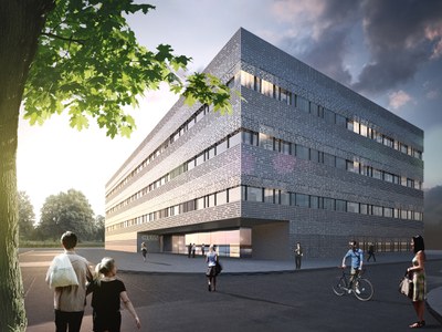 Zukunftsvision des Gebäudes von außen her betrachtet mit Menschen im Sonnenschein.