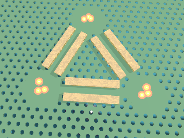 Schematische Darstellung (Form eines Dreiecks) einer Einheit der geplanten Mikro-Chip Plattform mit drei Photonenkondensaten (an den Ecken), die mittels Photonischer-Kristall-Wellenleiter (die Kanten des Dreiecks) gekoppelt und über die piezoelektrischen Kontaktstrukturen (goldene Streifen) kontrolliert elektrisch wechselwirken können. | Copyrights: Dr. Nils von den Driesch 