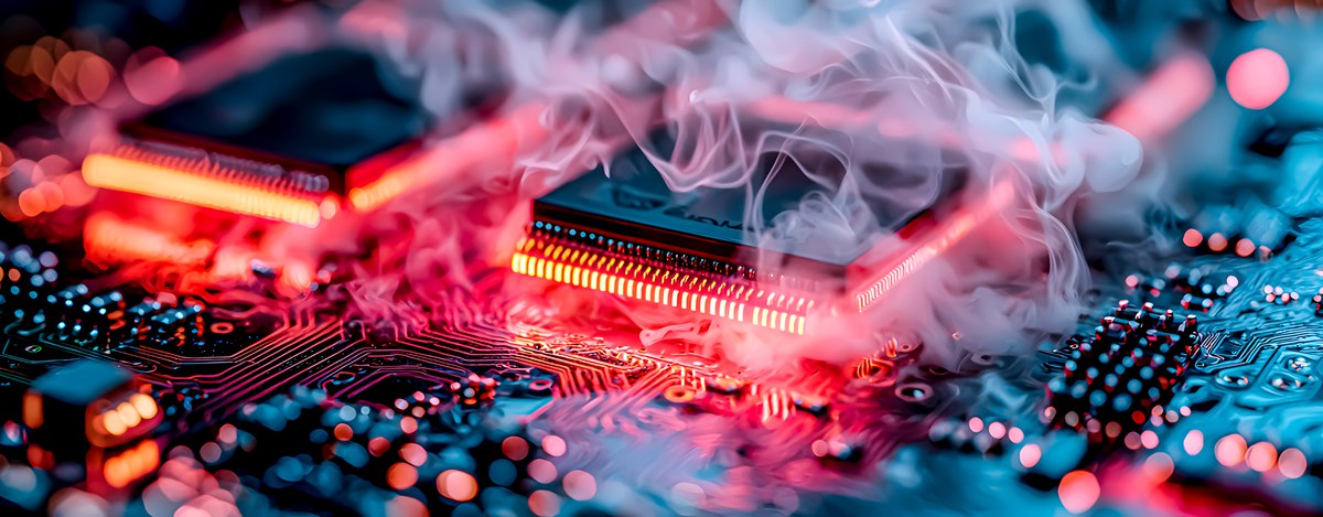 Rauchender Computerchip auf einer Platine