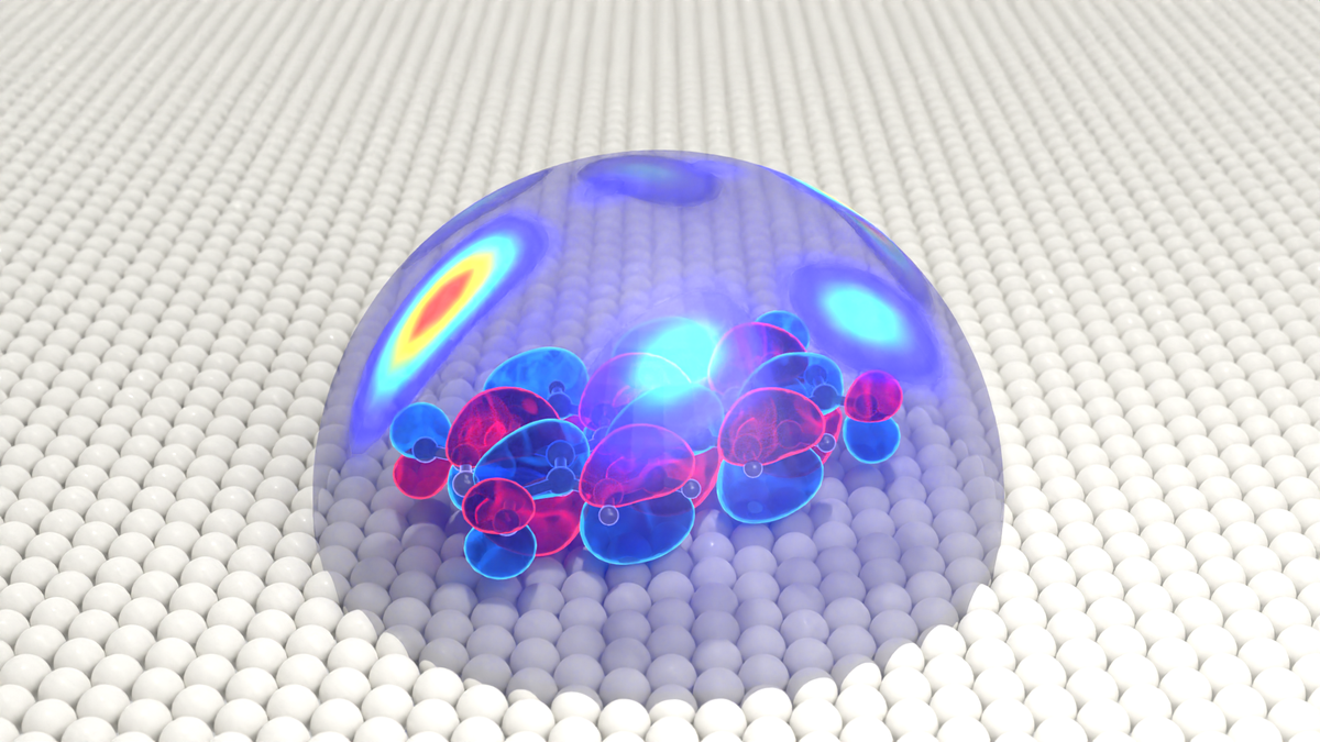Schematisch dargestellte räumliche Verteilung der Elektronen eines Orbitals des PTCDA Moleküls