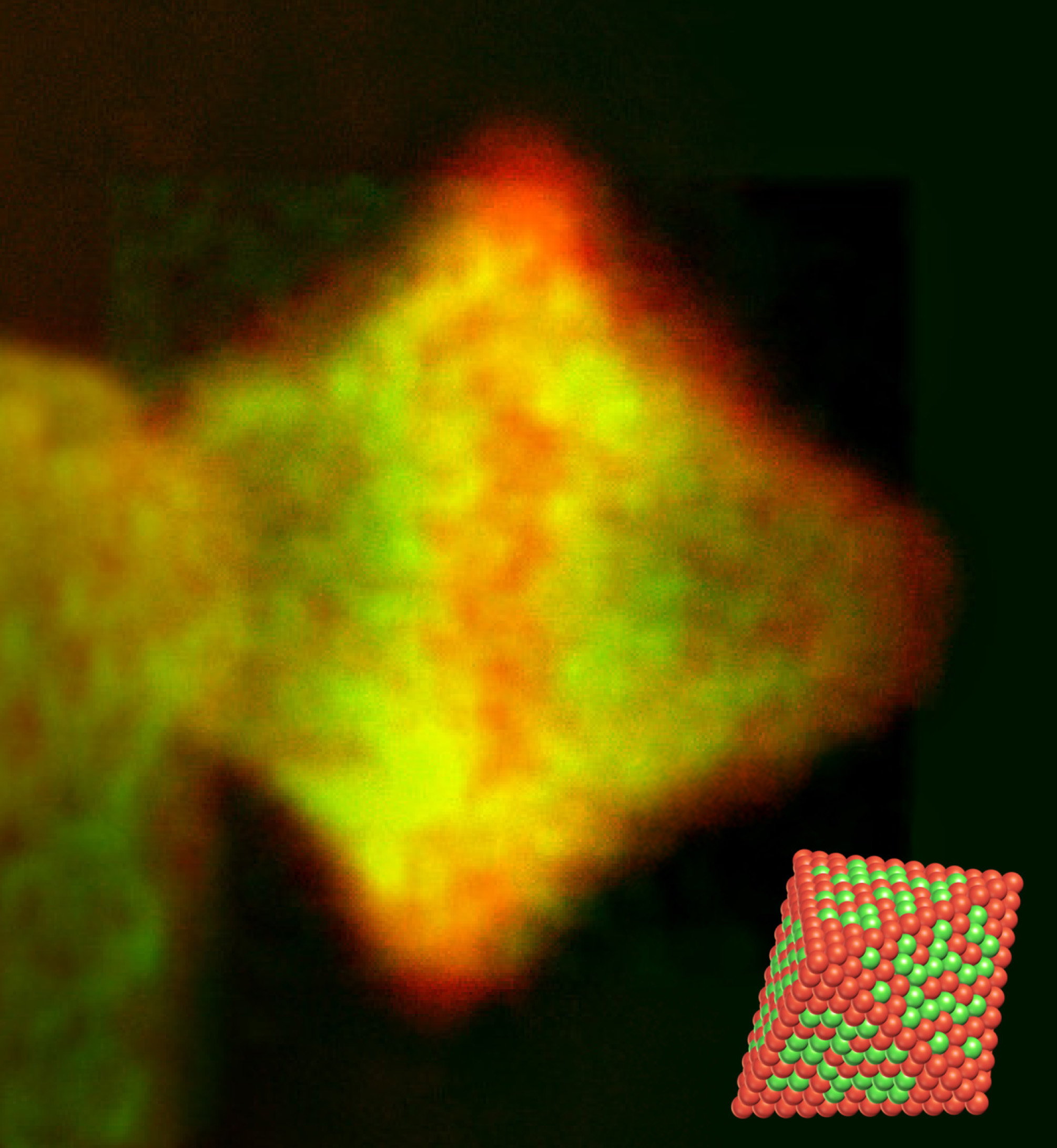 Elektronenmikroskopische Aufnahme und atomistisches Modell eines hochaktiven sauerstoffaktivierenden Platin-Nickel-Katalysatorteilchens.
