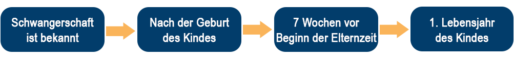 Diagramm Eltern werden: Schwangerschaft ist bekannt; Nach der Geburt des Kindes; 7 Wochen vor Beginn der Elternzeit; 1. Lebensjahr des Kindes.