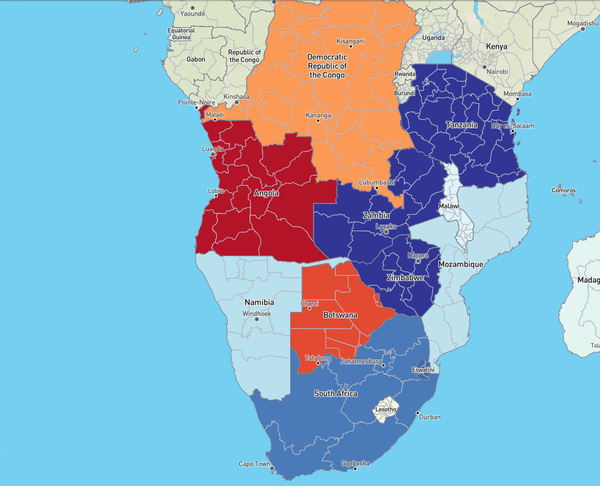 Ausschnitt aus dem interaktiven Atlas, der die Potenziale für die Erzeugung grünen Wasserstoffs im südlichen Afrika zeigt.