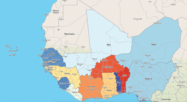 Ausschnitt aus dem interaktiven Atlas, der die Potenziale für die Erzeugung grünen Wasserstoffs in Westafrika zeigt.