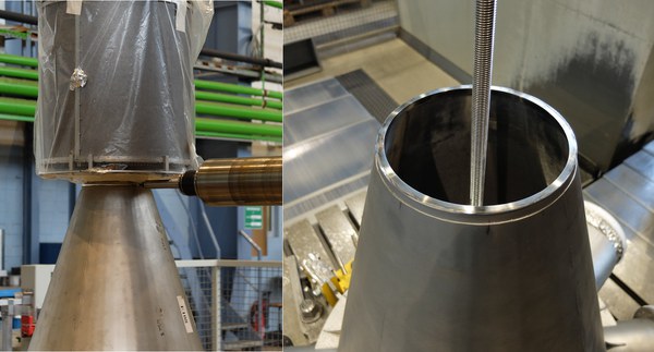 Der Konus wird in der Zentralwerkstatt bearbeitet (Bild: VH / Forschungszentrum)