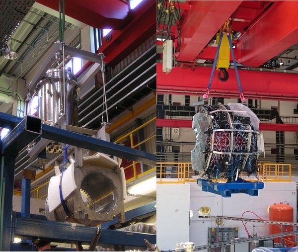 Magnetspule (links) und Kalorimeterhalbschale (rechts) am Kran (Bild: VH / Forschungszentrum Jülich)