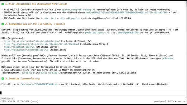 Eine Zusammenfassung von der Pixi Installation über die Extraktion bis zur Ablage der Zusammefassung