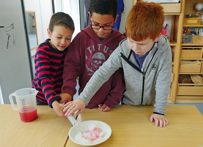 Teamwork beim Gießen: Die Jungs tränken Watte mit dem eingefärbten Wasser.