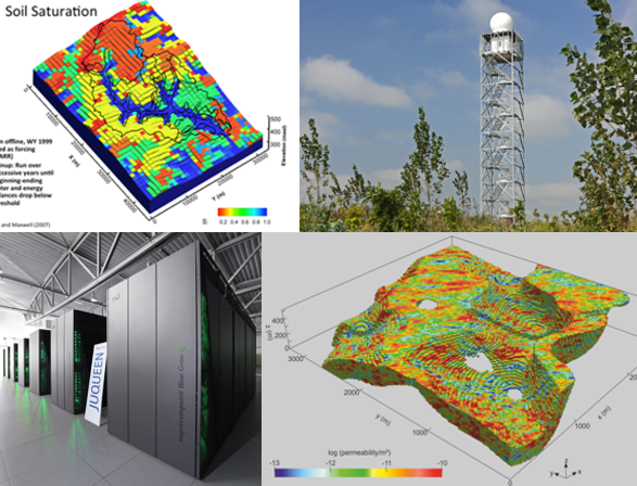 © Stefan Kollet & Reed Maxwell (soil saturation); Christoph Clauser & Johanna Bruckmann (3D-Modell); Forschungszentrum Jülich (JUQUEEN, Wetterturm)
