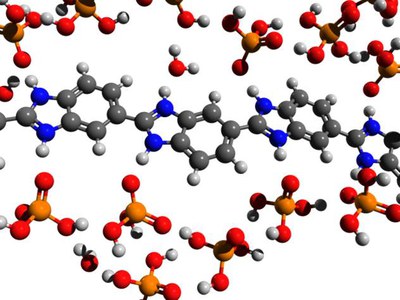 Section of a protonated <i>ab</i>-PBI-polymer chain with further H<sub>3</sub>PO<sub>4</sub>-molecules bound by H-bridges.
