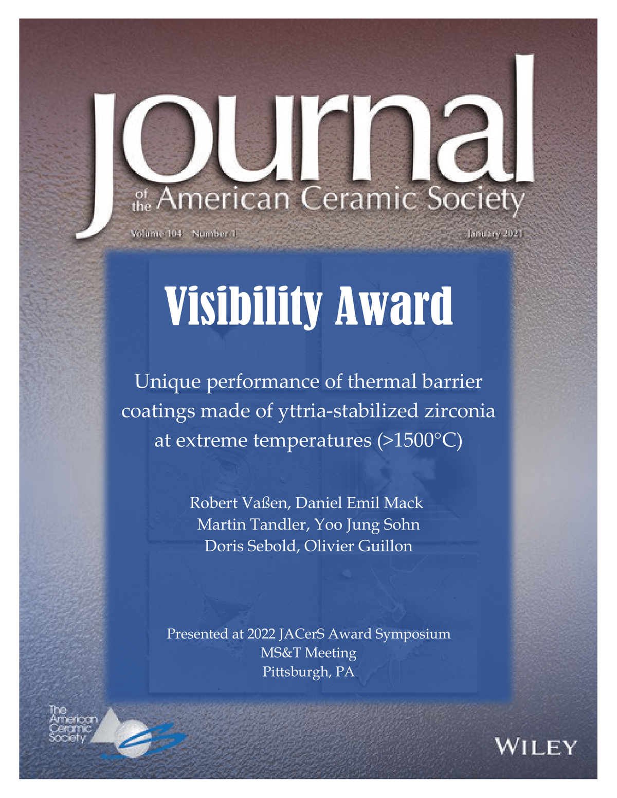 Preis für den Best Paper Award des Journal of the American Ceramic Society