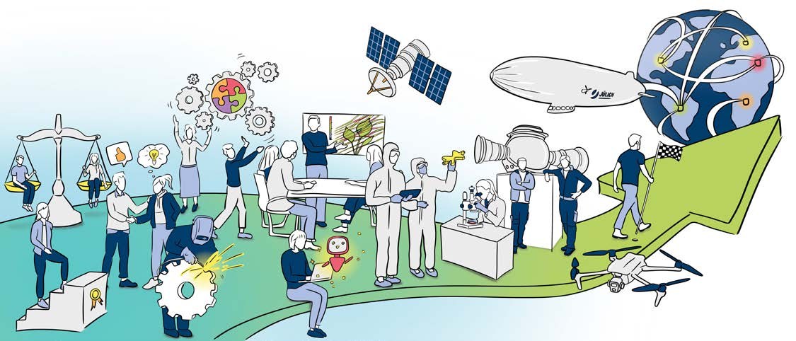 Mehrere Personen sind in verschiedenen Aktivitäten beschäftigt, darunter das Bedienen von Geräten, das Halten von Gegenständen und das Arbeiten an Tischen, während im Hintergrund ein Satellit und ein Globus zu sehen sind. (Mistral: Pixtral Large 2411, 2026-03-30)