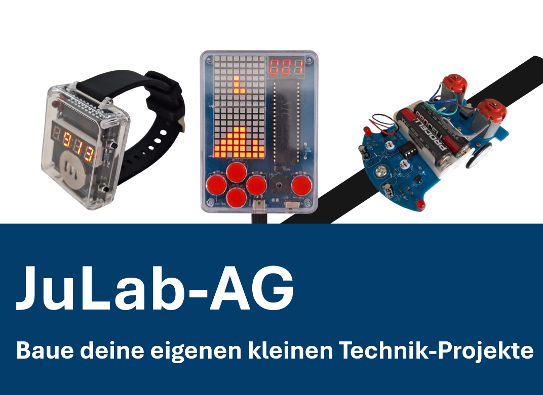 Drei elektronische Geräte mit Leuchtdioden und Knöpfen, die an Armbänder befestigt sind, vor einem blauen Hintergrund. (Mistral: Pixtral Large 2411, 2026-04-30)
