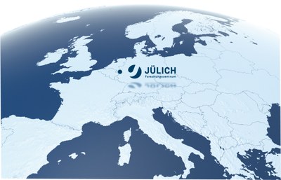 A cut-off globe. The location of Jülich is marked.
