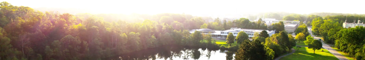 Der Campus des Forschungszentrums Jülich. Im Zentrum sieht man das Seecasiono und den See davor. Dahinter steht ein weiteres Gebäude. Die Gebäude und der See sind von grünen Bäumen umgeben.