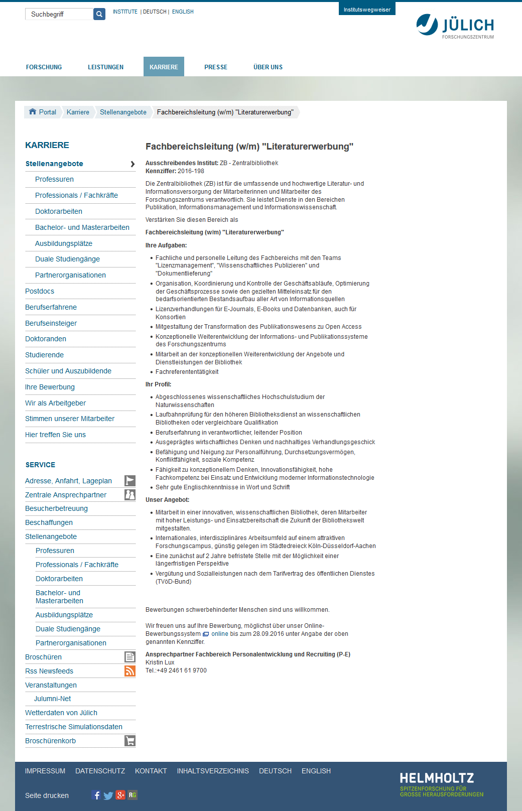 Stellenangebot der Zentralbibliothek – Fachbereichsleitung "Literaturerwerbung" – 2016-198-DE-ZB