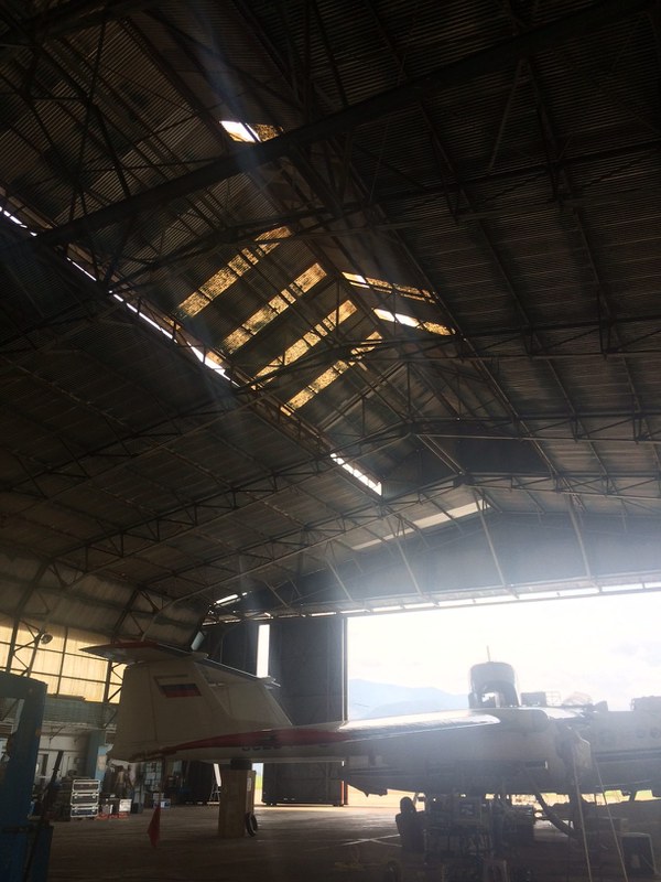 Big holes in the hangar roof above Geophysica.