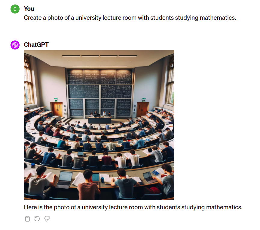 Class room with mostly white-male students, generated with ChatGPT in March 2024