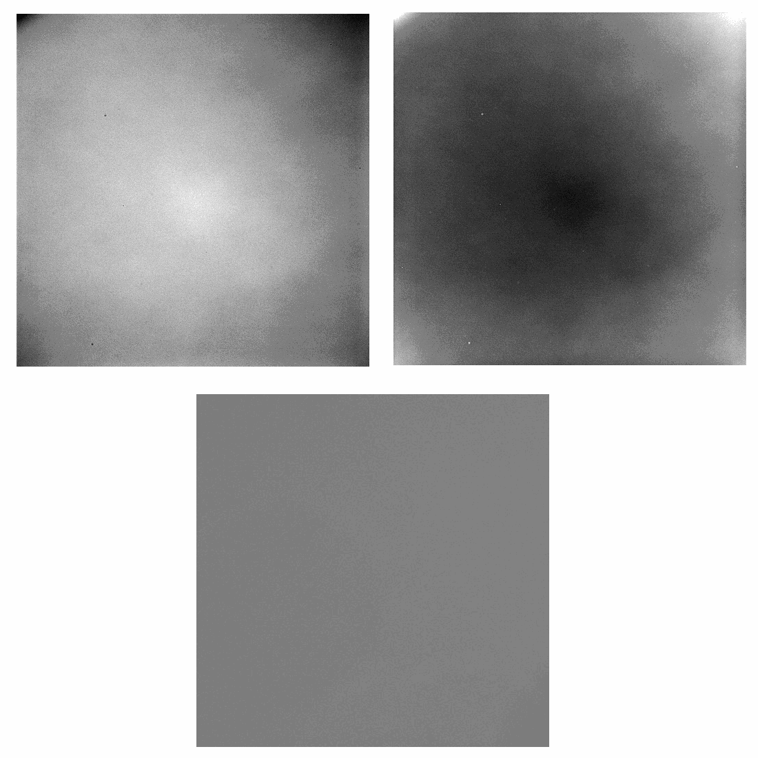 Figure 1: The image on the top left depicts the uneven illumination typically seen in a flat-field image. Calibration of this image with the calibration matrix, i.e., the image on the top right, results in the image at the bottom, which is evenly illuminated.