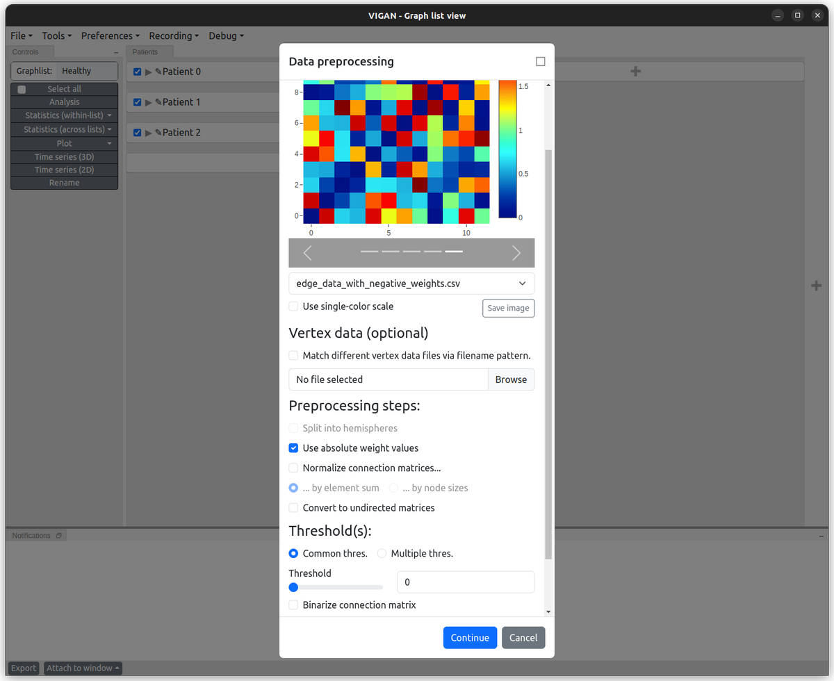 Figure 1: Preprocessing options when loading graphs into graph list view. (Top-center): A colored preview of the connection matrices of the graphs to be loaded. (Center): Preprocessing options available for the csv-files to be loaded. Depending on the data itself, VIGAN supports different preprocessing steps: Split brains into hemispheres, use absolute weights, multiple types of normalization of connection matrices, conversion of directed to undirected graphs, applying thresholds and binarization. In addition, connection matrices can be paired with vertex csv files to load additional vertex properties.