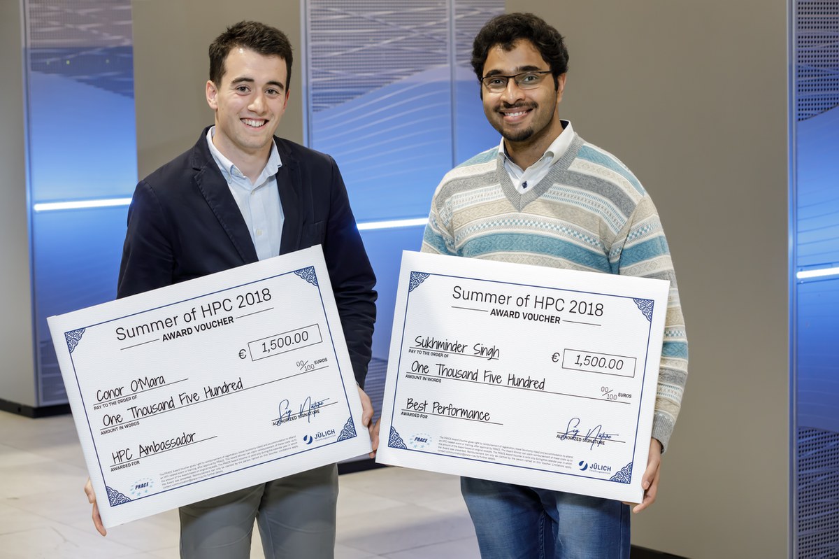 PRACE Summer-of-HPC Award winners 2018 in front of supercomputer JUWELS