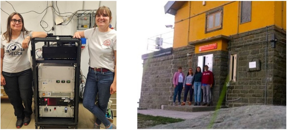 Das ICE-3-Team vom Forschungszentrum Jülich mit dem OH-Reaktivitätsmessgerät (links) und zusammen mit dem CNR-ISAC-Team (rechts).