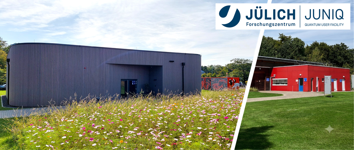 Two modern buildings with grass and wildflowers in front of one, and a paved area with trees in the background. (Mistral: Mistral Medium 3.5, 2026-07-28)