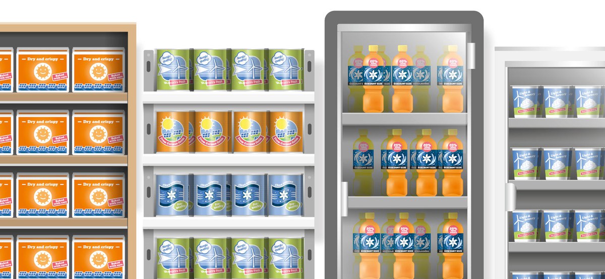 illustration racks with cans, bottles, and packs of rusk