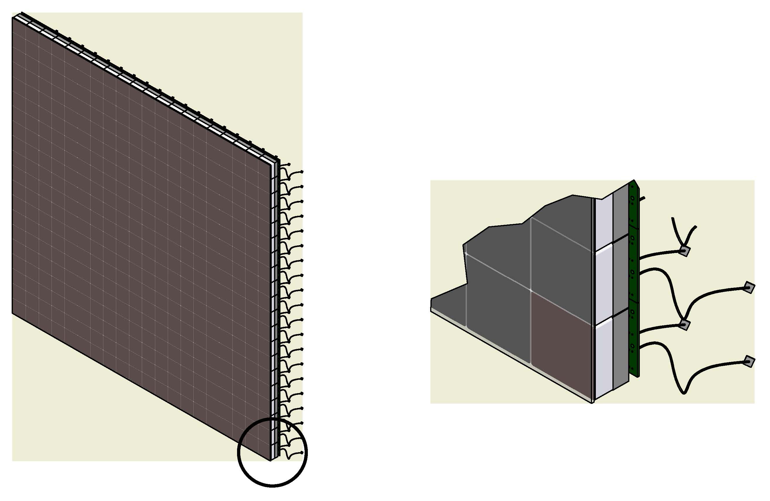 Schematische Darstellung: Ein Detektor aus einzelnen, etwa 5x5 Quadratzentimeter großen, voneinander unabhängigen Modulen.