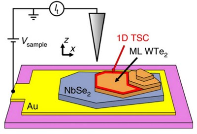 Schematic of a scanning tunneling microscopy experiment on a proximity heterostructure. 