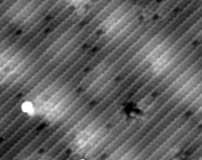 Atomically resolved STM topography of twisted bilayer WTe2. The moiré patttern is evident as long range modulation corresponding to a twist angle of 5.5°.