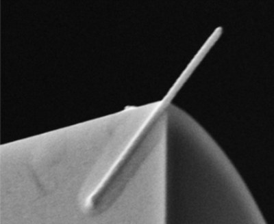 A scanning probe tip fabricated from a Bi2-xSbxTe3 nanowire.